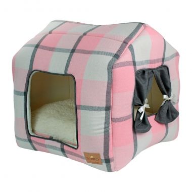 Casinha Retangular Flanela Xadrez Rosa