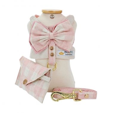 Coleira Peitoral Classic Xadrez Rose 